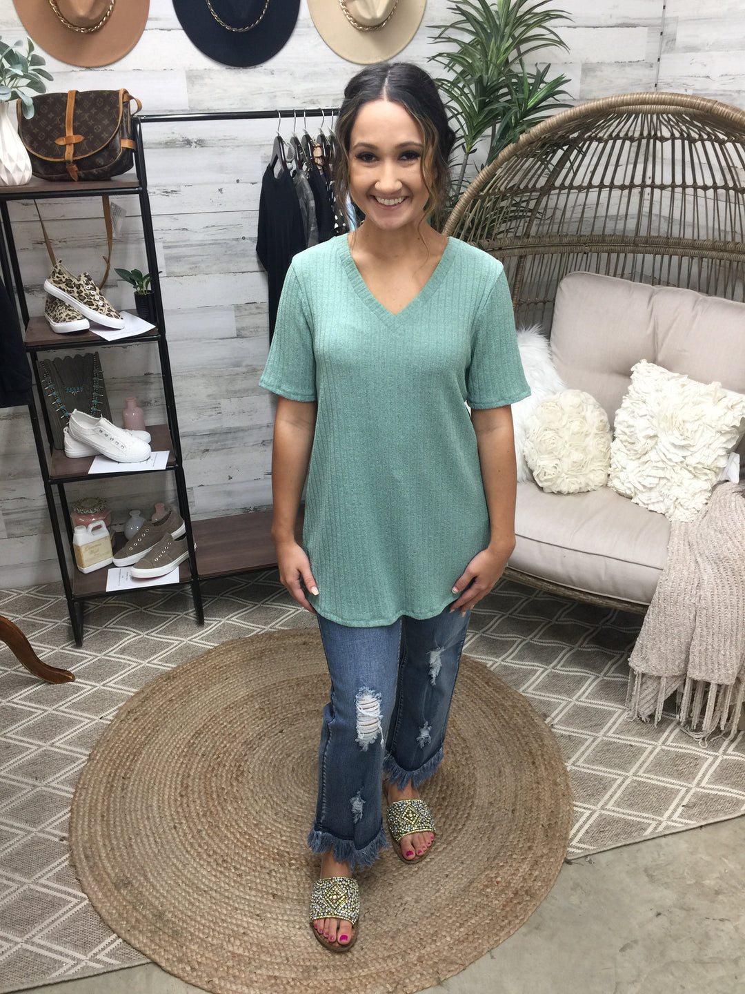 Ribbed V Neck Top in Sage Green - Giddy Up Glamour Boutique