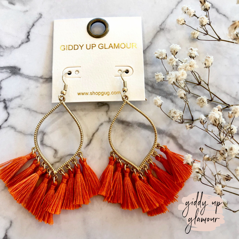 Gold Outline Drop Earrings with Fringe Tassels in Orange - Giddy Up Glamour Boutique