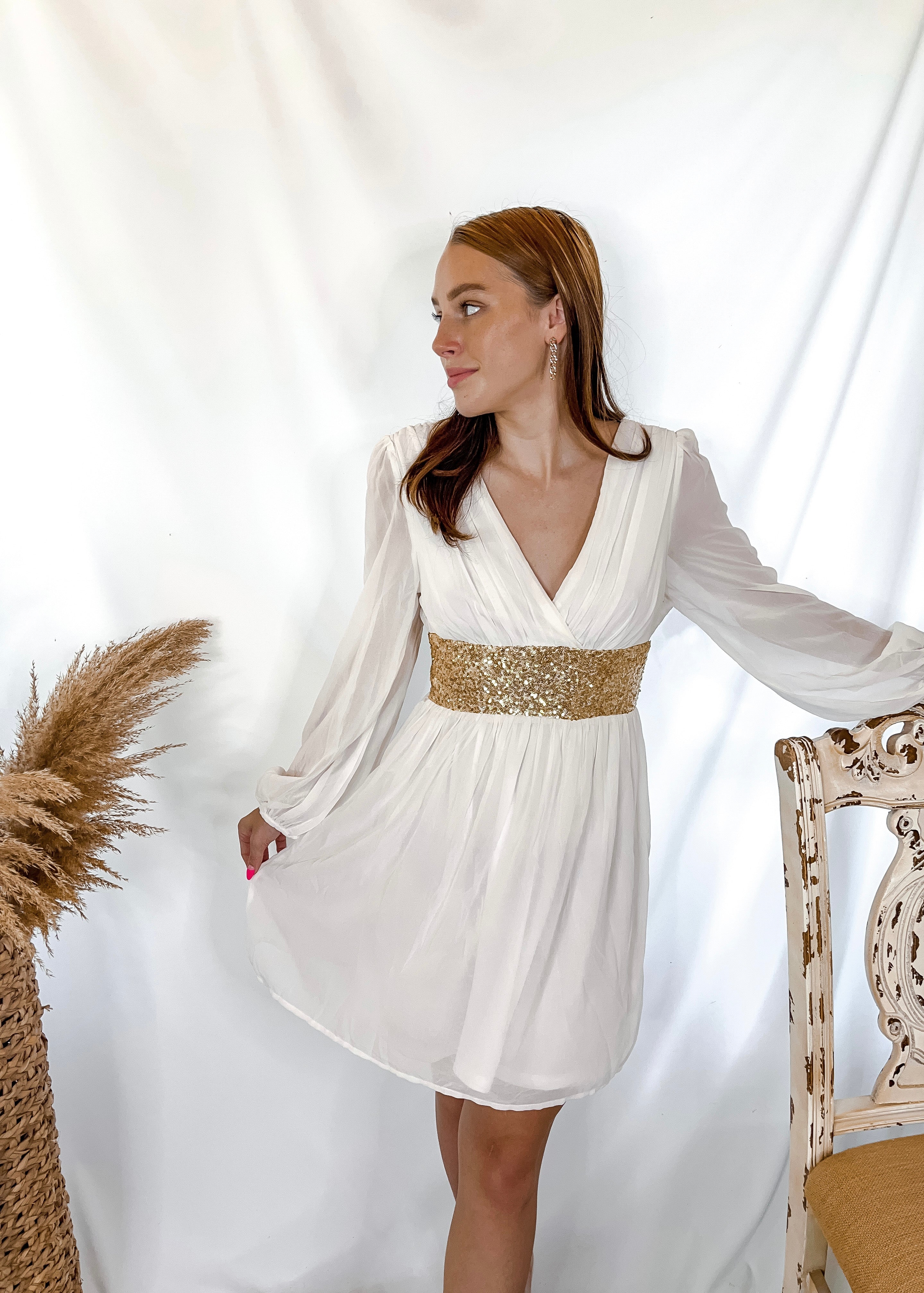 Last Chance Size Small & Medium | Swept Off My Feet Gold Sequin Dress in White - Giddy Up Glamour Boutique
