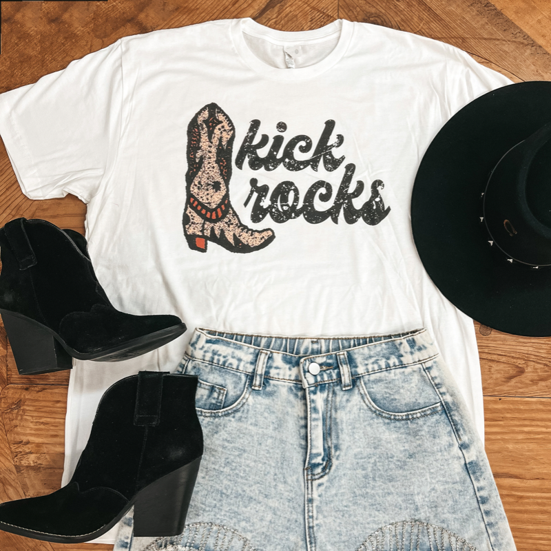 Online Exclusive | Kick Rocks Graphic Tee in White - Giddy Up Glamour Boutique