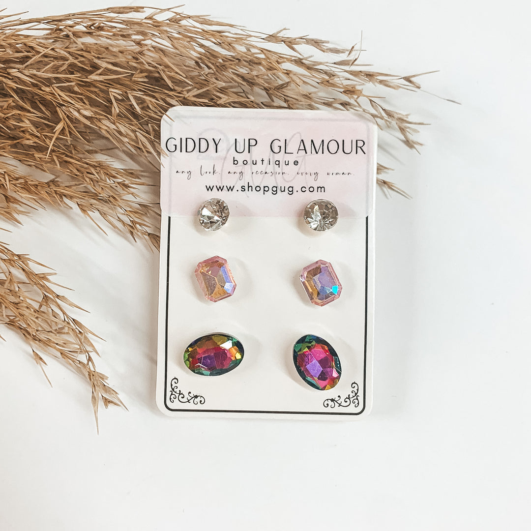 Buy 3 for $10 | Pack of Three | Faux Crystal Stud Earrings in Ovals - Giddy Up Glamour Boutique