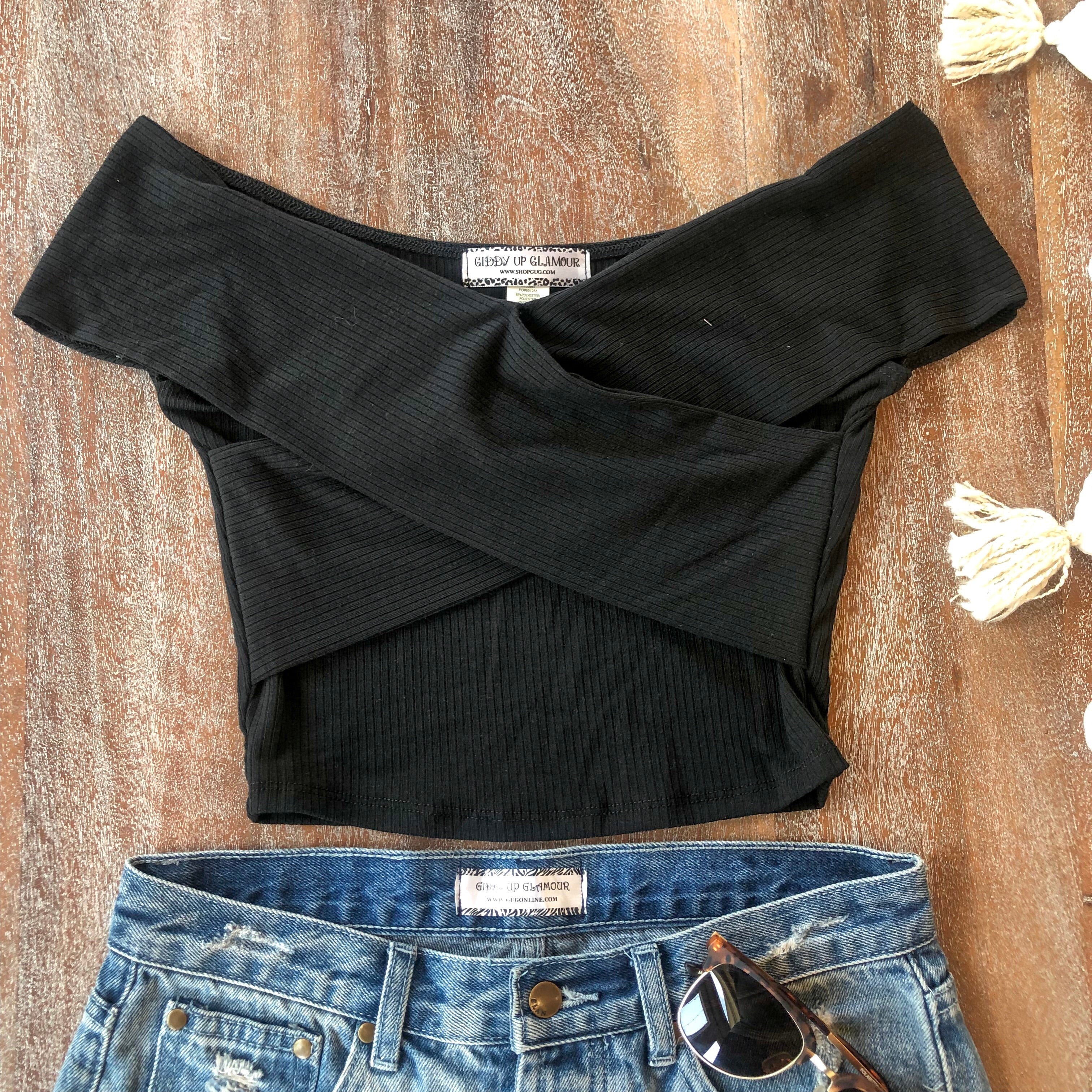 Make It True Ribbed Criss-Cross Crop Top in Black - Giddy Up Glamour Boutique