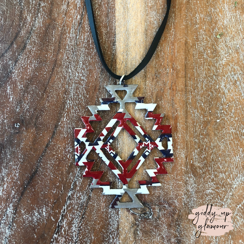 Long Black Leather Necklace with Tribal Pendant in Red and White - Giddy Up Glamour Boutique