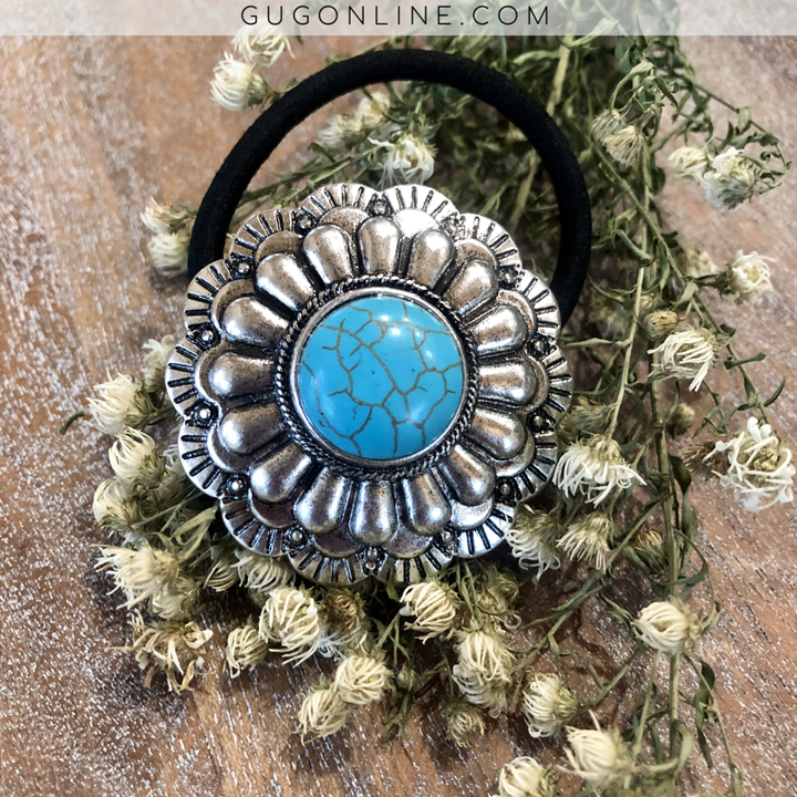 Silver and Turquoise Concho Hair Tie - Giddy Up Glamour Boutique