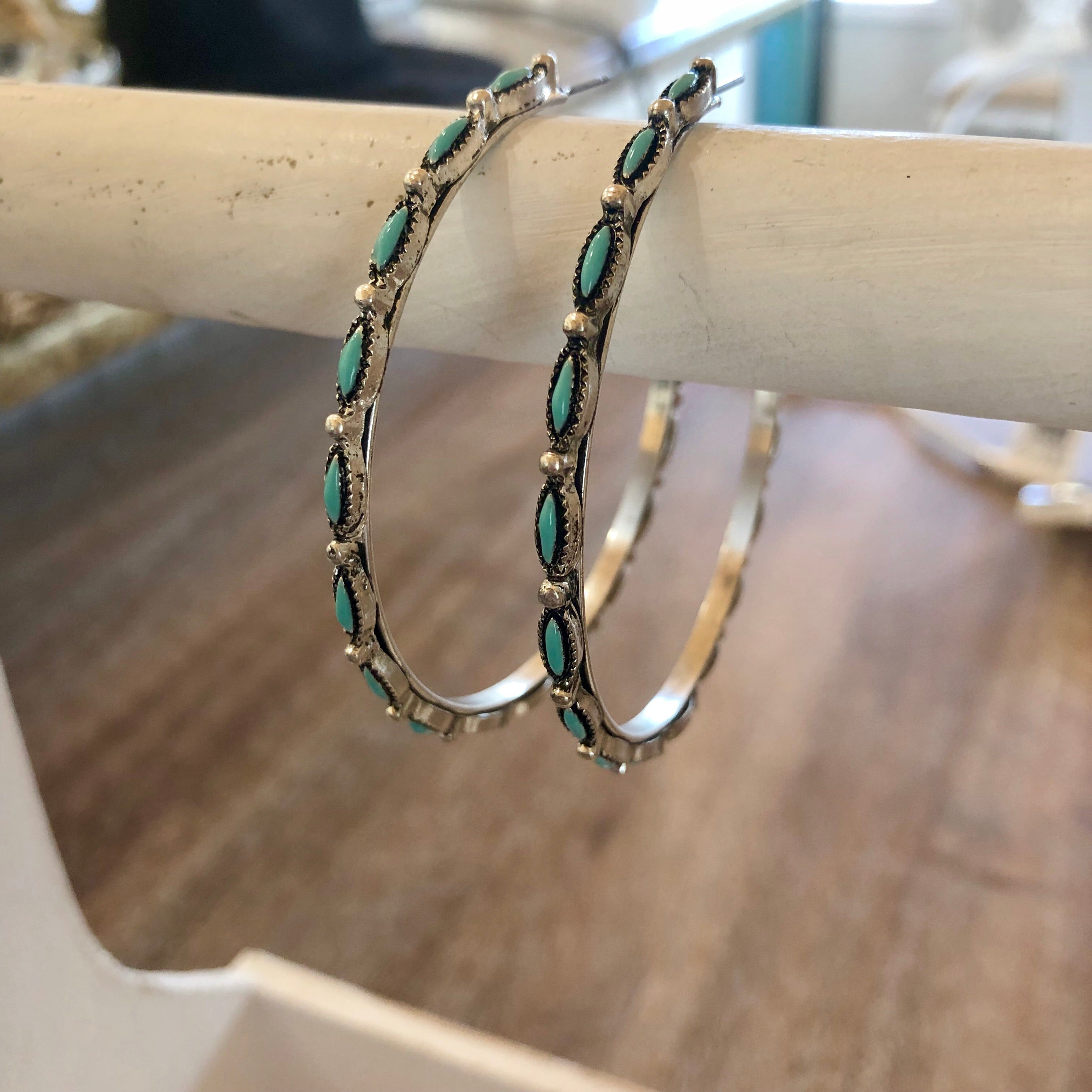 Large Silver Tone and Turquoise Hoop Earrings - Giddy Up Glamour Boutique