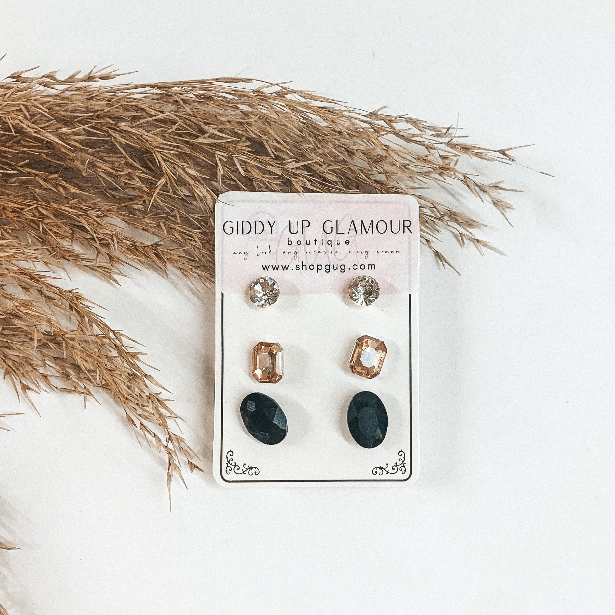 Buy 3 for $10 | Pack of Three | Faux Crystal Stud Earrings in Ovals - Giddy Up Glamour Boutique