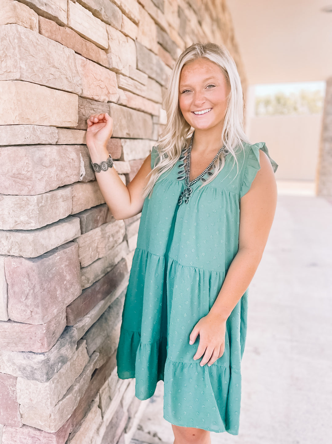 Real Romance Swiss Dot Tiered Dress with Ruffle Cap Sleeves in Olive Green - Giddy Up Glamour Boutique