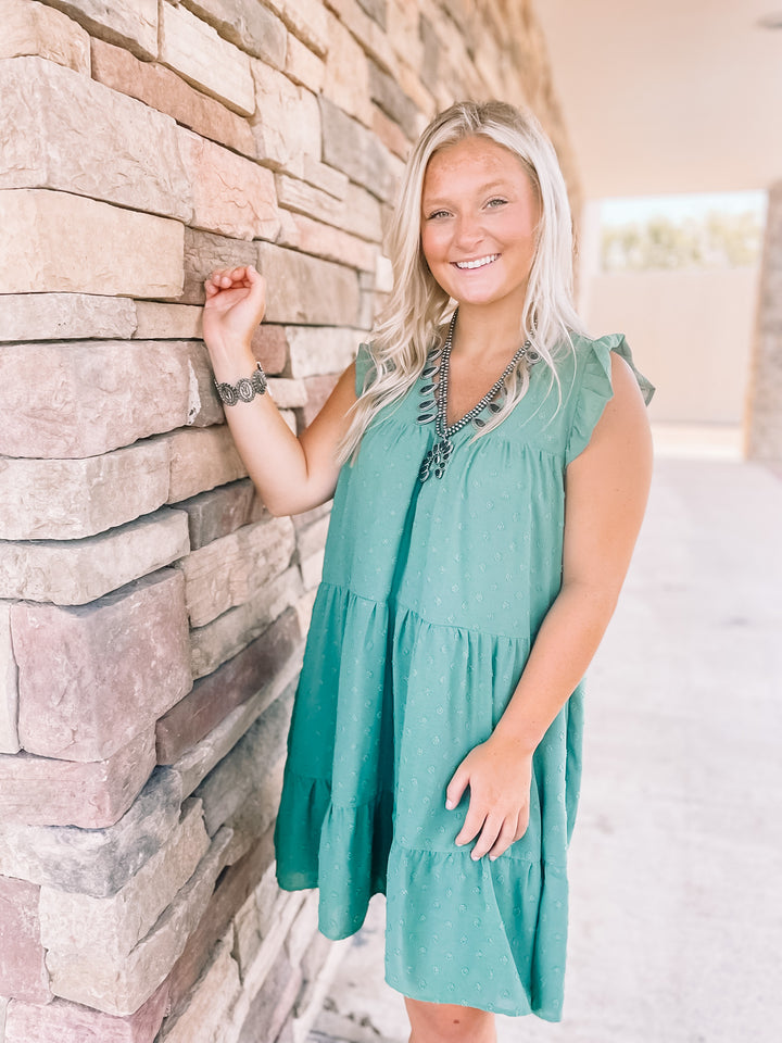 Real Romance Swiss Dot Tiered Dress with Ruffle Cap Sleeves in Olive Green - Giddy Up Glamour Boutique