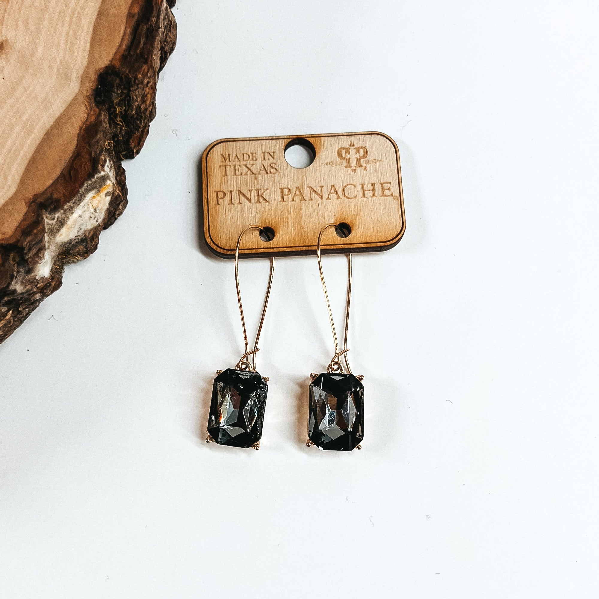 Pink Panache | Gold Tone Kidney Wire Earrings with Charcoal Gunmetal Rectangle Crystal Charm - Giddy Up Glamour Boutique