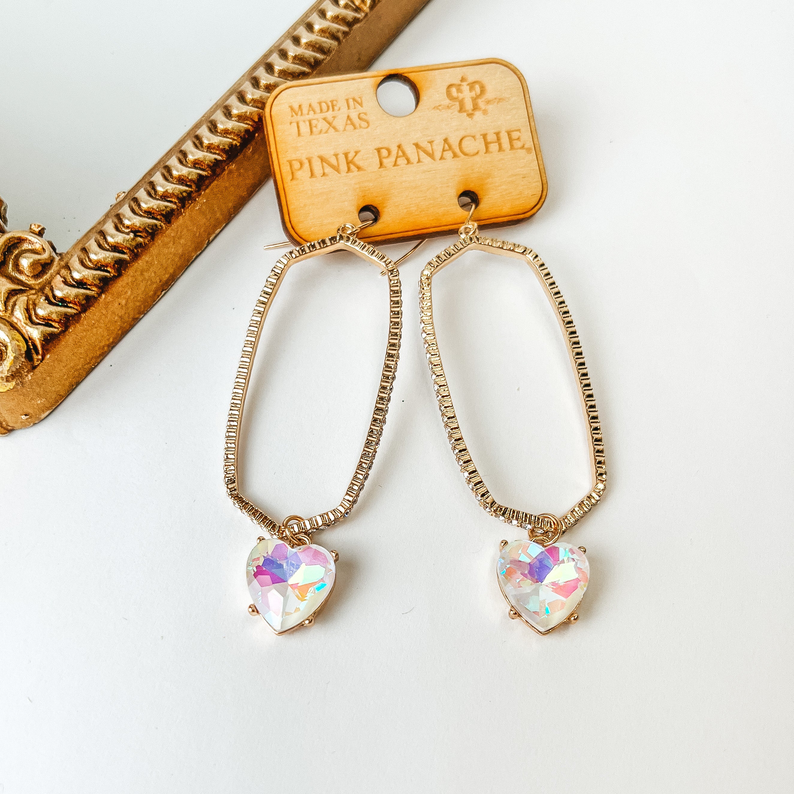 Pink Panache | Crystal Oval Outline Earrings with White Opal Crystal Heart Teardrops in Gold Tone - Giddy Up Glamour Boutique