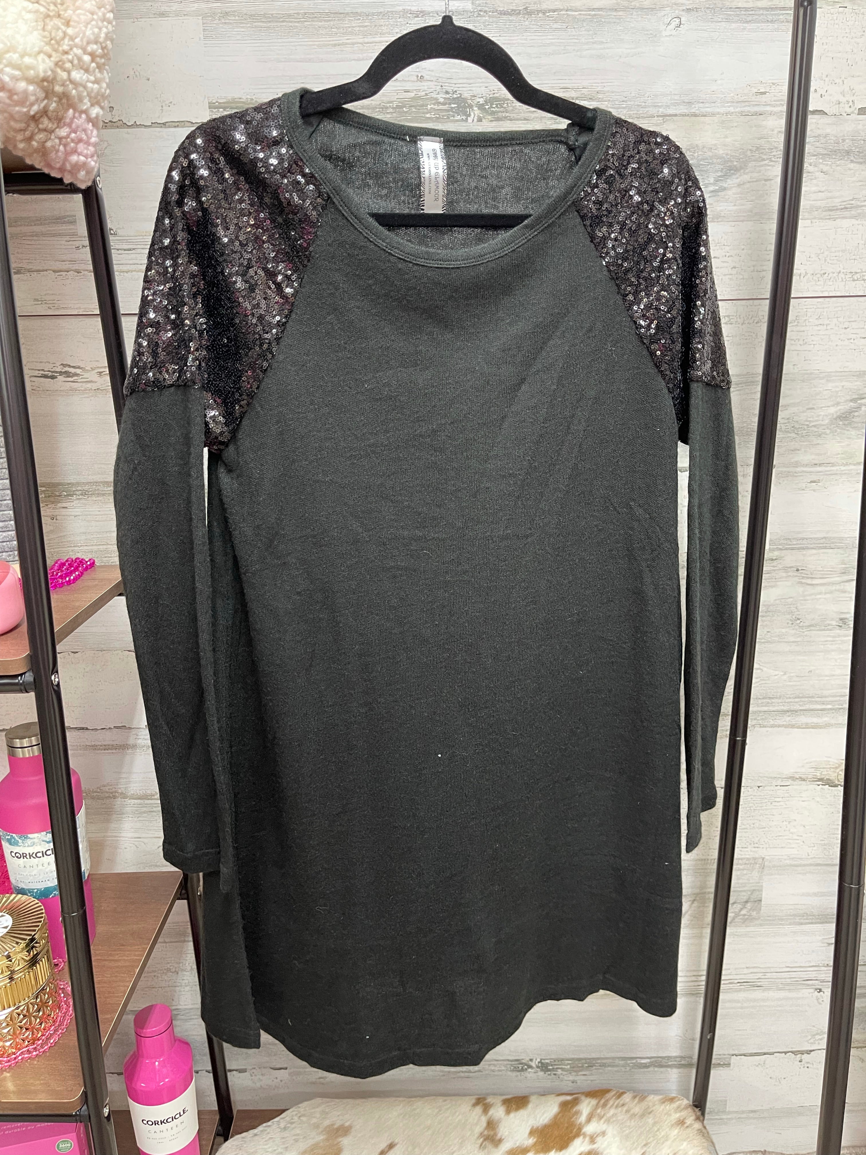 Last Chance Size Small & Med. | Black Sweater Dress with Sequin Shoulder Detailing - Giddy Up Glamour Boutique