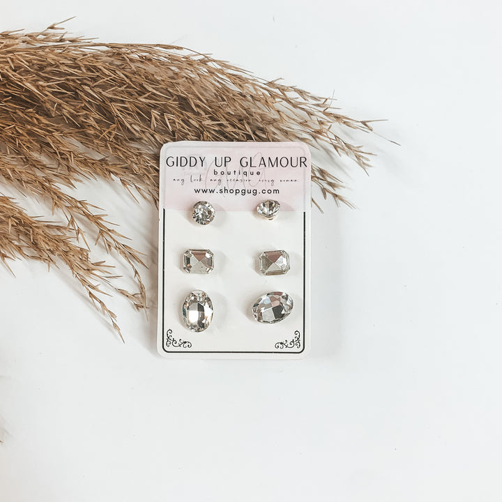 Buy 3 for $10 | Pack of Three | Faux Crystal Stud Earrings in Ovals - Giddy Up Glamour Boutique