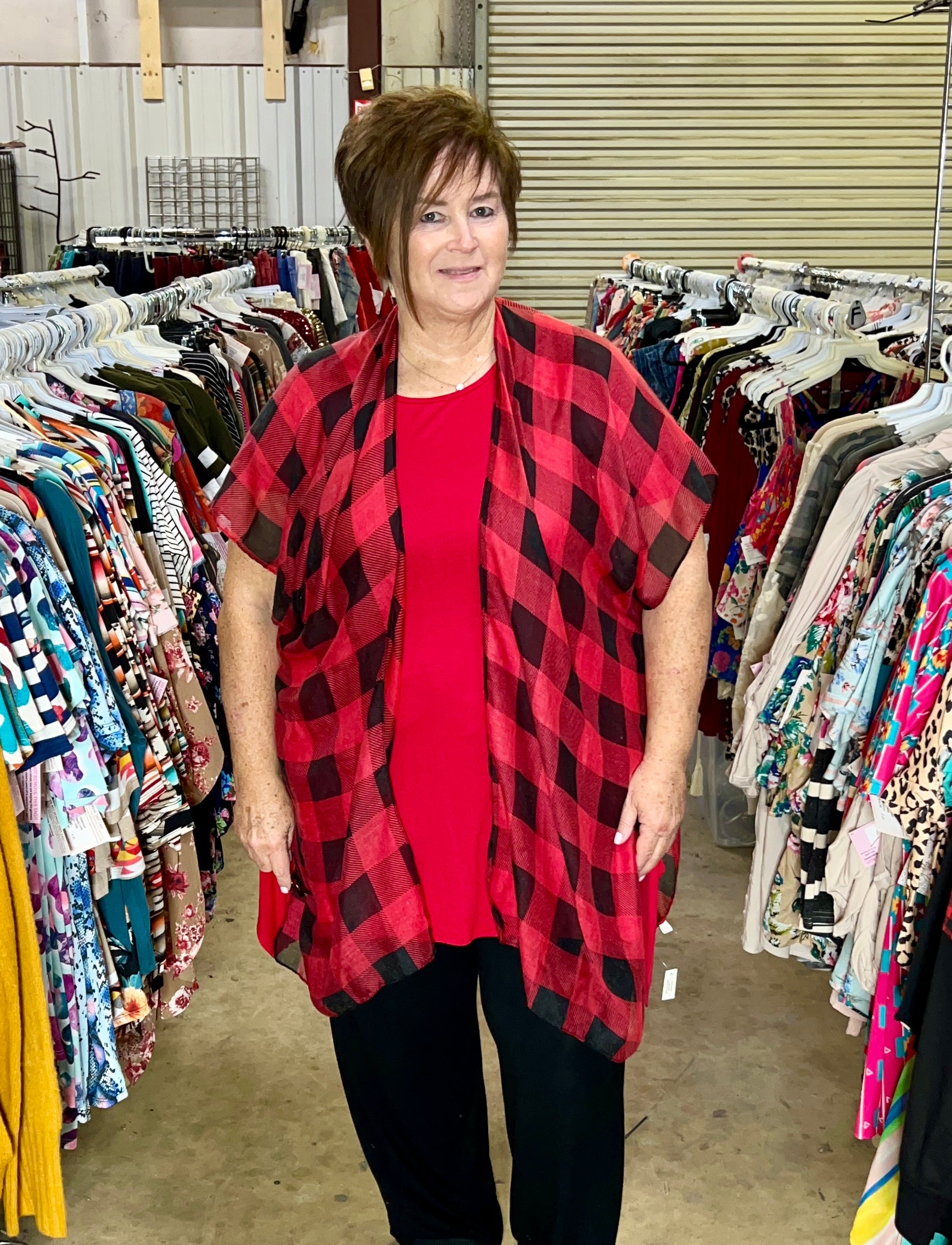 Don't Stop Believing Sheer Buffalo Plaid Coverup in Red - Giddy Up Glamour Boutique