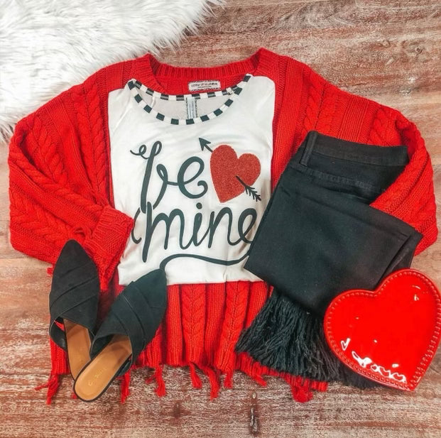 Last Chance Size S & M | Be Mine Valentine Top with Black Stripe and Red Glitter Heart - Giddy Up Glamour Boutique