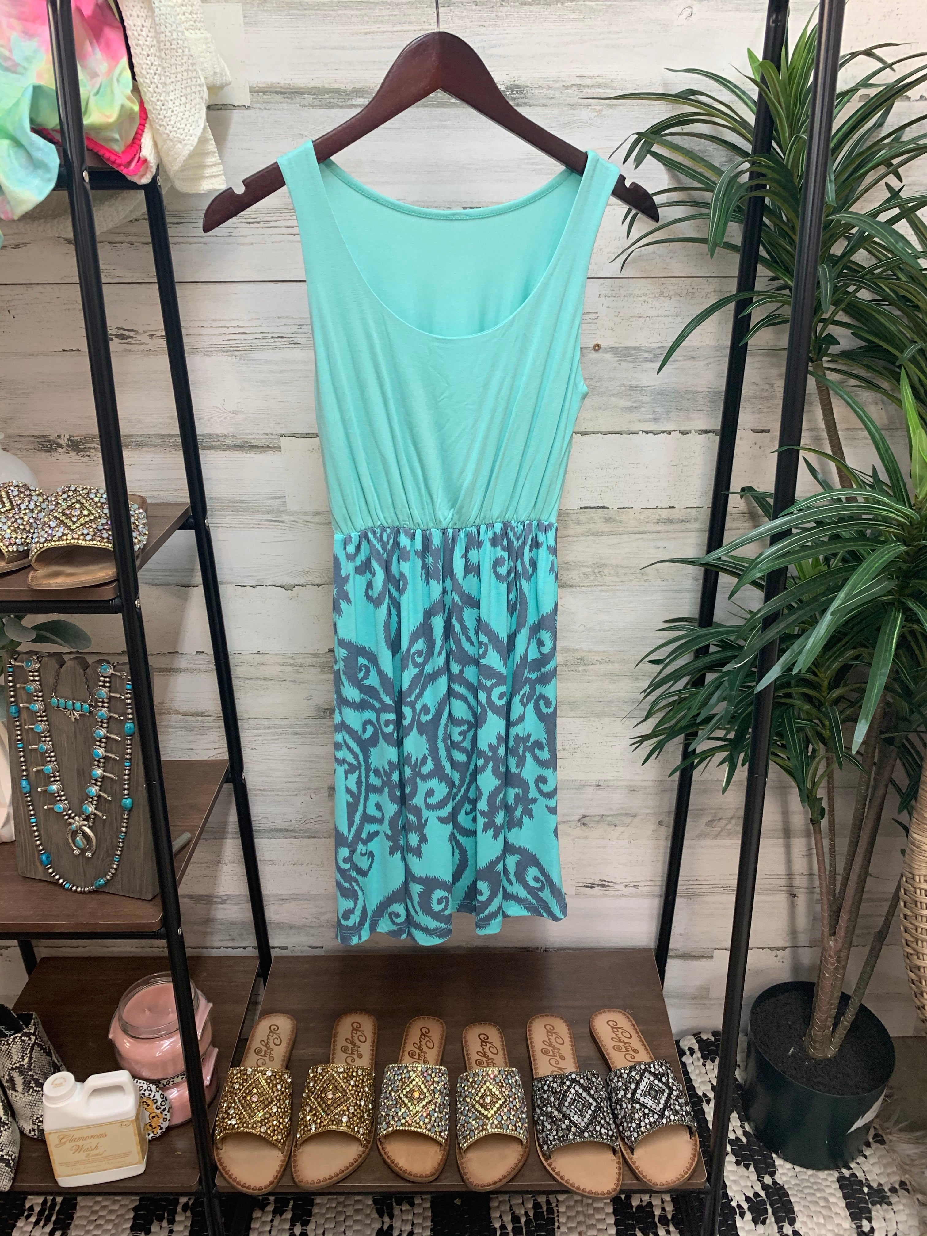 Last Chance Size S & M | Mint Tank Top Dress with Damask Skirt in Grey - Giddy Up Glamour Boutique