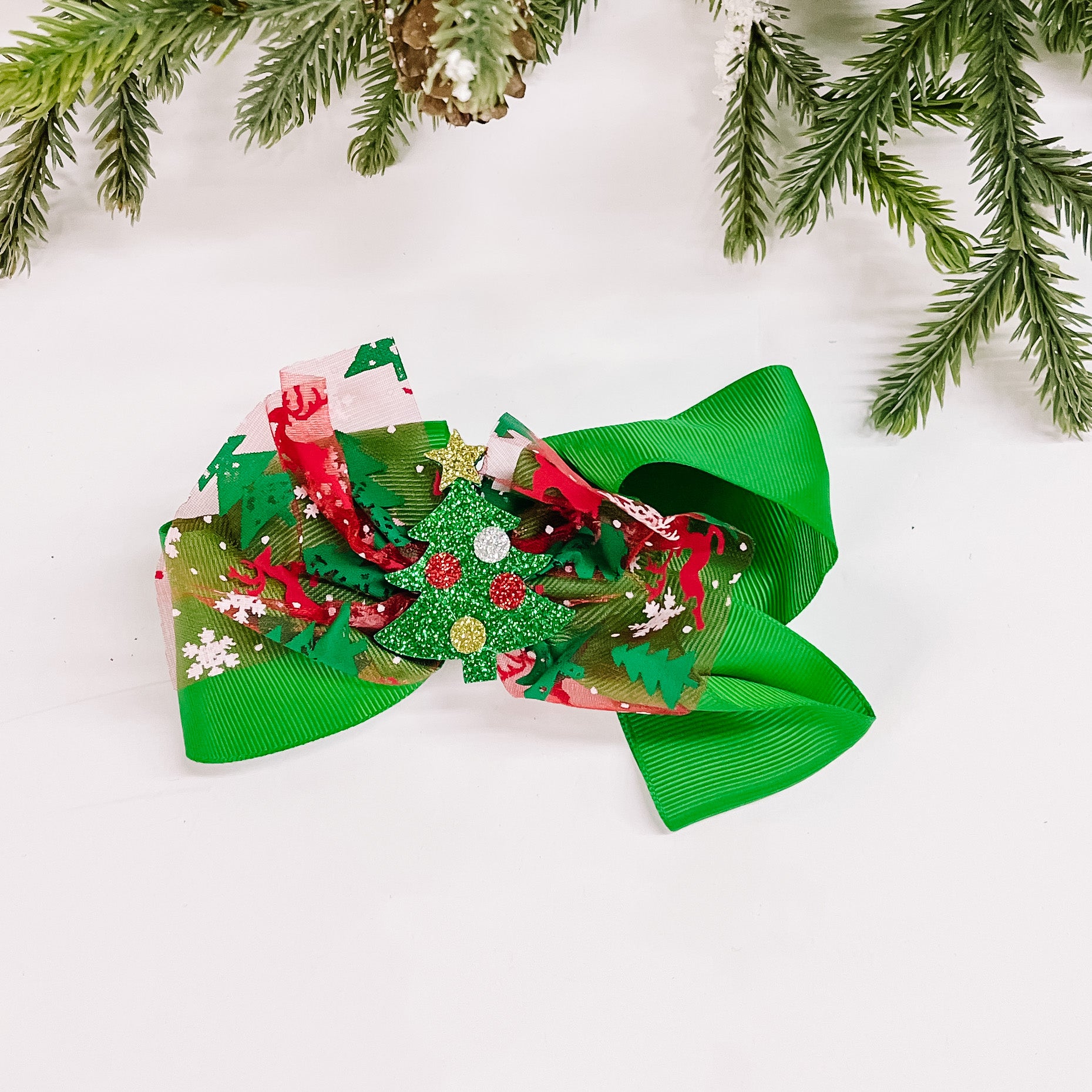 Buy 3 for $10 | Hair Bow with Christmas Charms in Green - Giddy Up Glamour Boutique