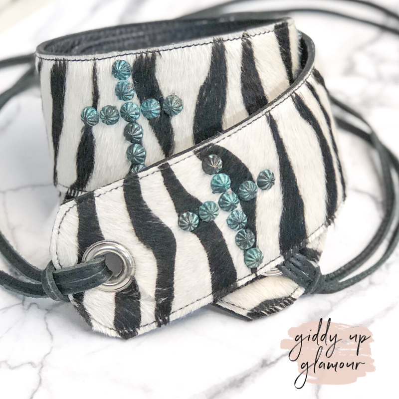 Raviani | Zebra Print on Hide Belt with Turquoise Crosses - Giddy Up Glamour Boutique