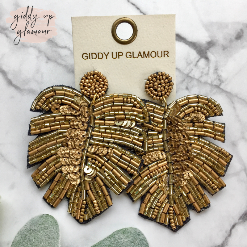 Beaded Palm Leaf Statement Earrings in Gold - Giddy Up Glamour Boutique
