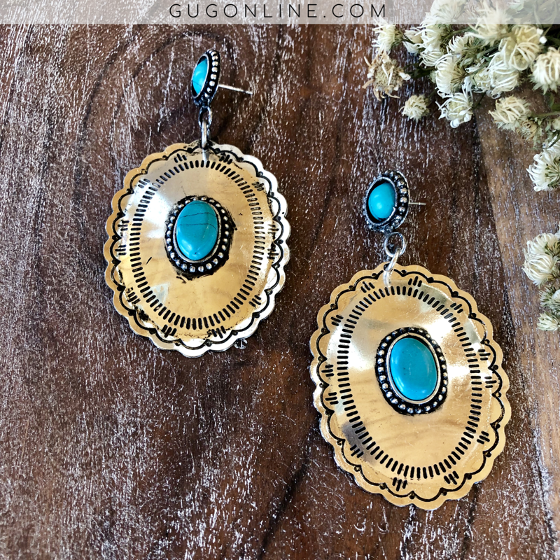 Silver Concho Earrings with Turquoise Stones - Giddy Up Glamour Boutique