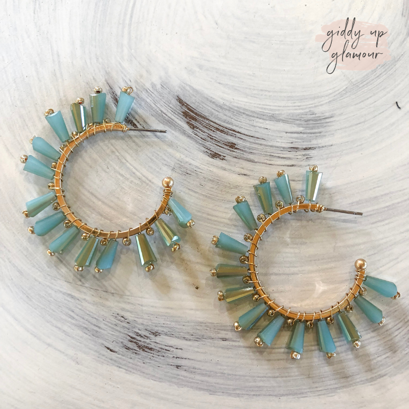Small Gold Hoop with Crystal Embellishments in Mint - Giddy Up Glamour Boutique
