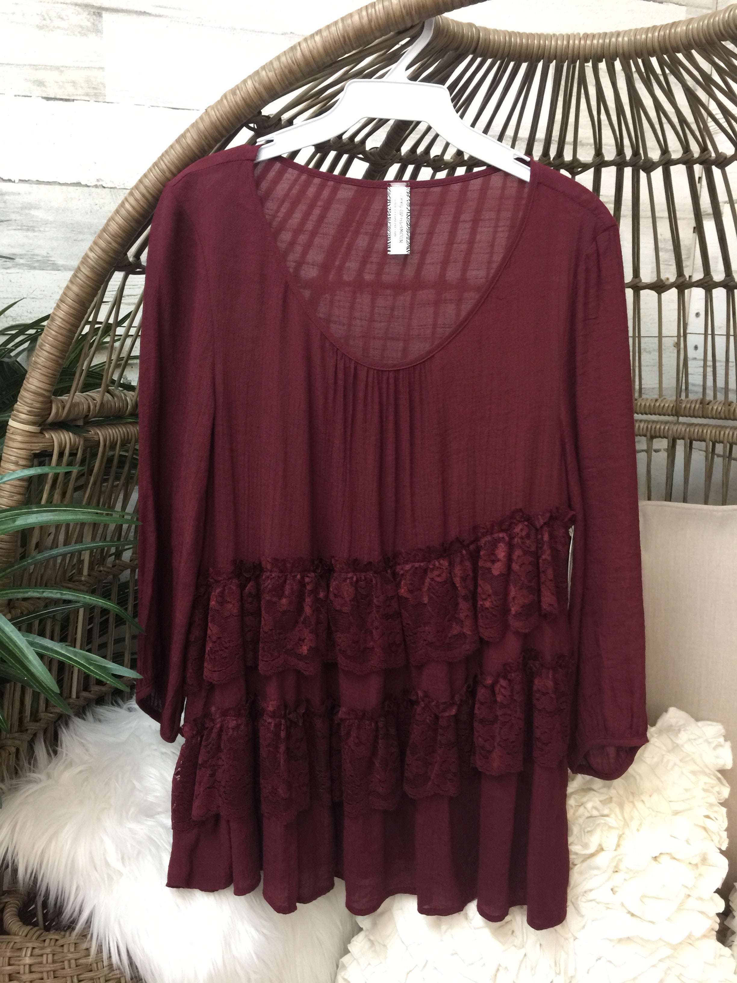 Tiered Baby Doll Top with Lace in Maroon - Giddy Up Glamour Boutique