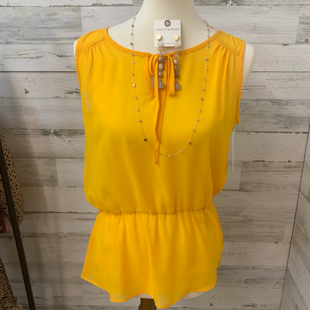 Last Chance Size Large | Sheer Peplum Top with Keyhole Tie in Yellow - Giddy Up Glamour Boutique