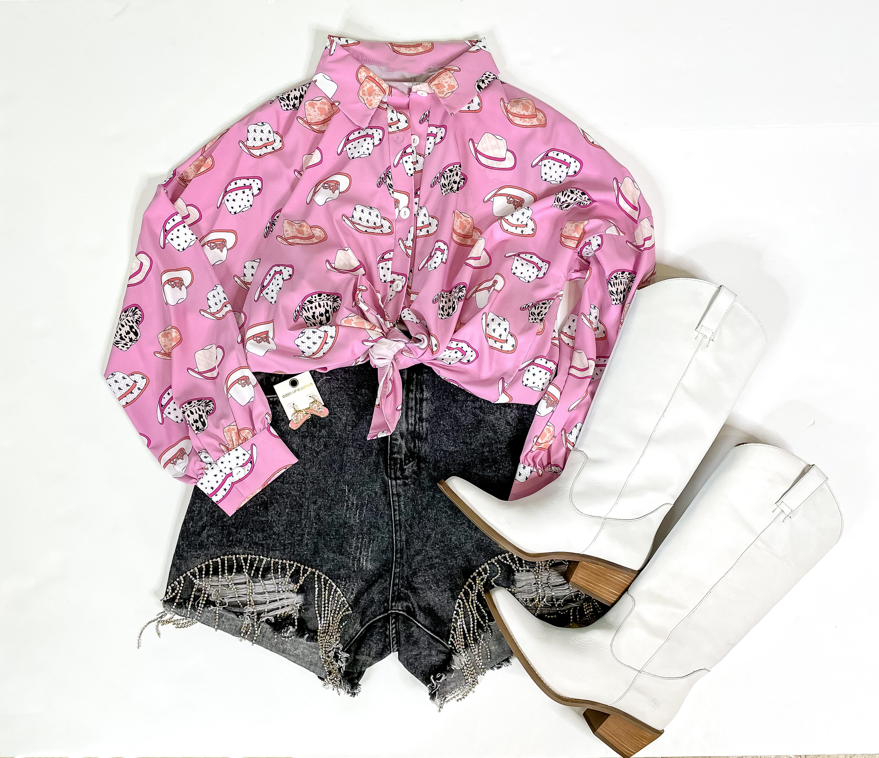 The Cowgirl Way Button Up Mix Print Cowboy Hat Top in Pink - Giddy Up Glamour Boutique