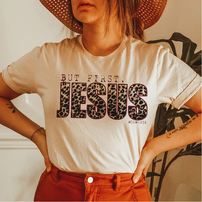 Online Exclusive | But First, Jesus Short Sleeve Graphic Tee in Cream - Giddy Up Glamour Boutique
