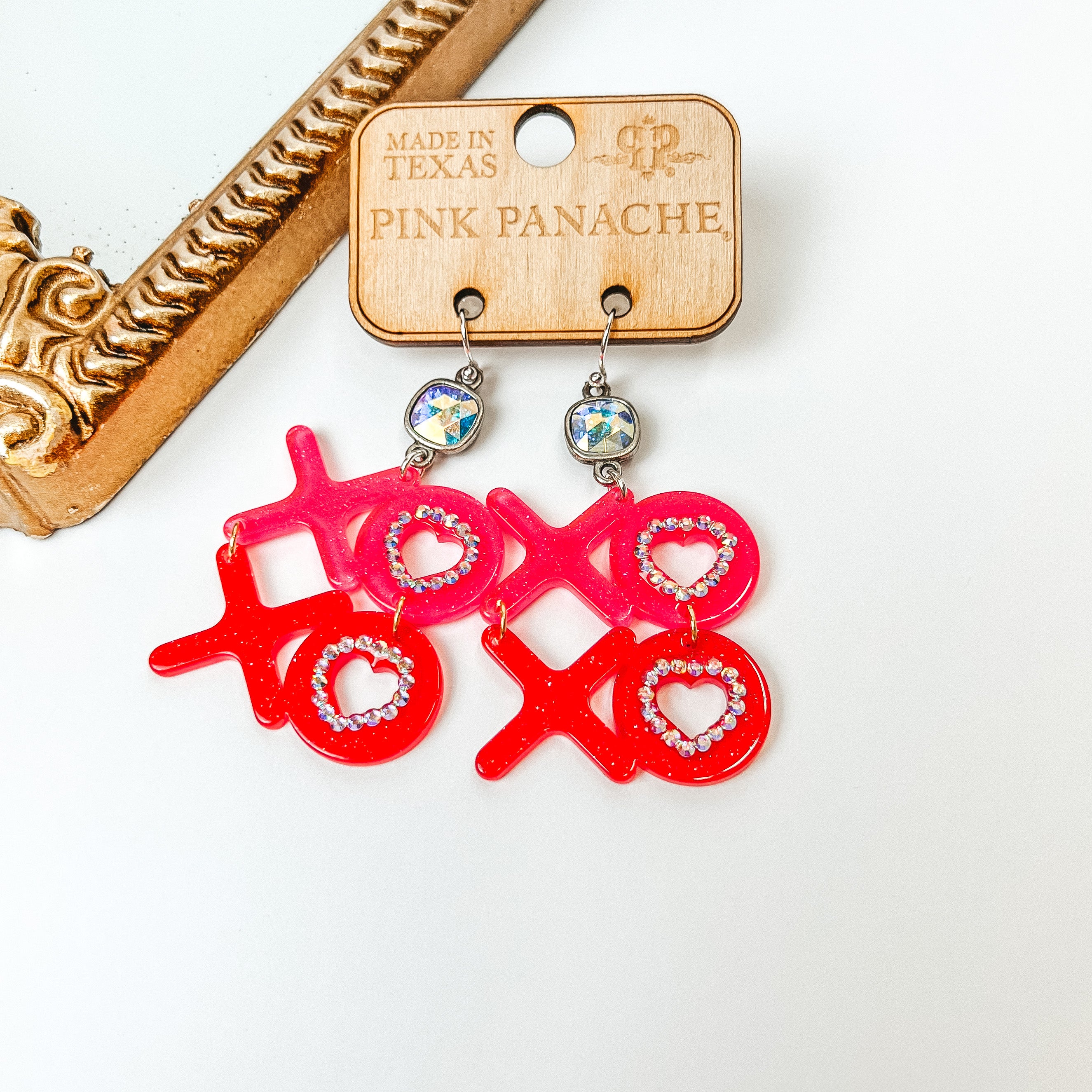 Pink Panache | Cushion Cut AB Crystal with XOXO Acrylic Letter Earrings in Pink and Red - Giddy Up Glamour Boutique
