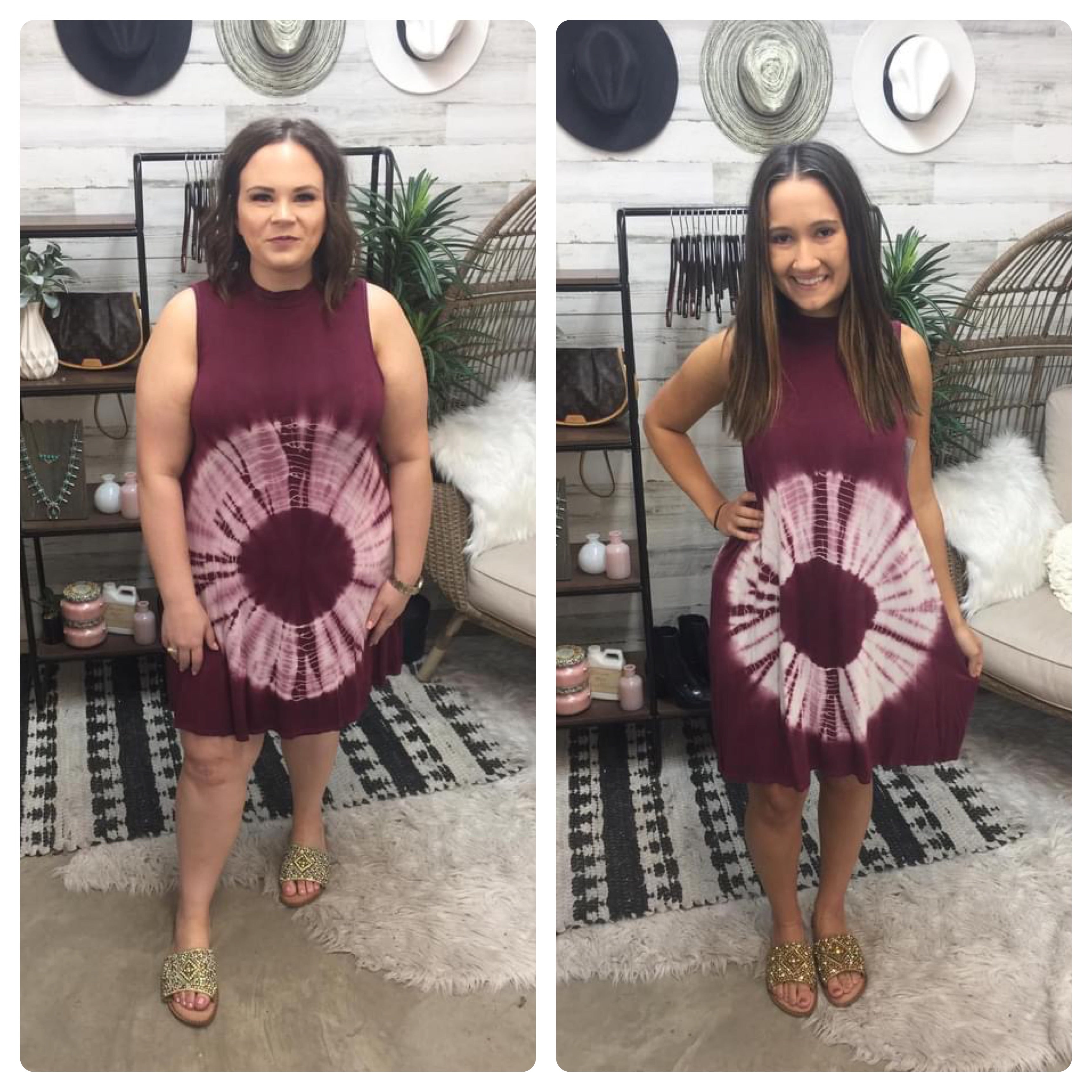 Last Chance Size Small | Maroon Tie Dye High Neck Tank Dress - Giddy Up Glamour Boutique