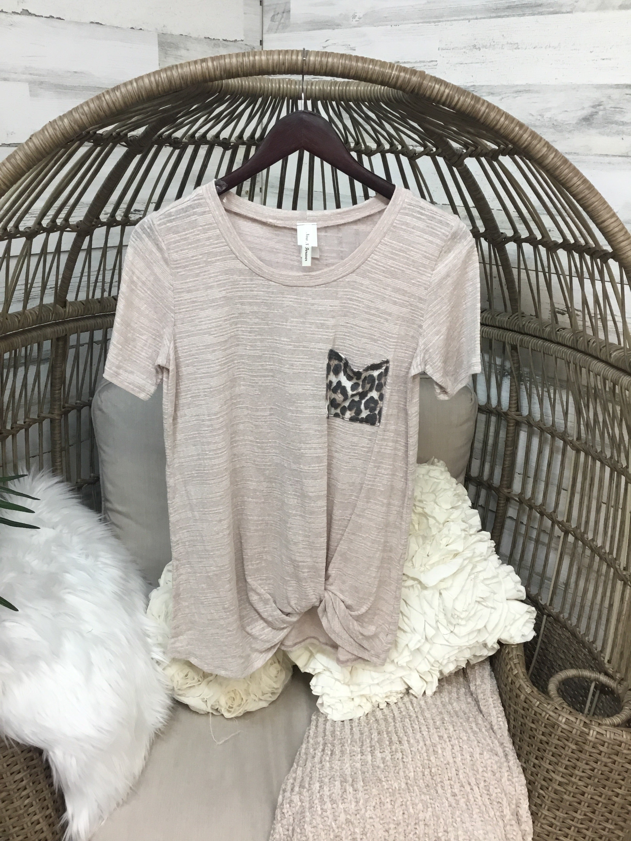 Leopard Pocket Tee with Knot Detail in Taupe - Giddy Up Glamour Boutique