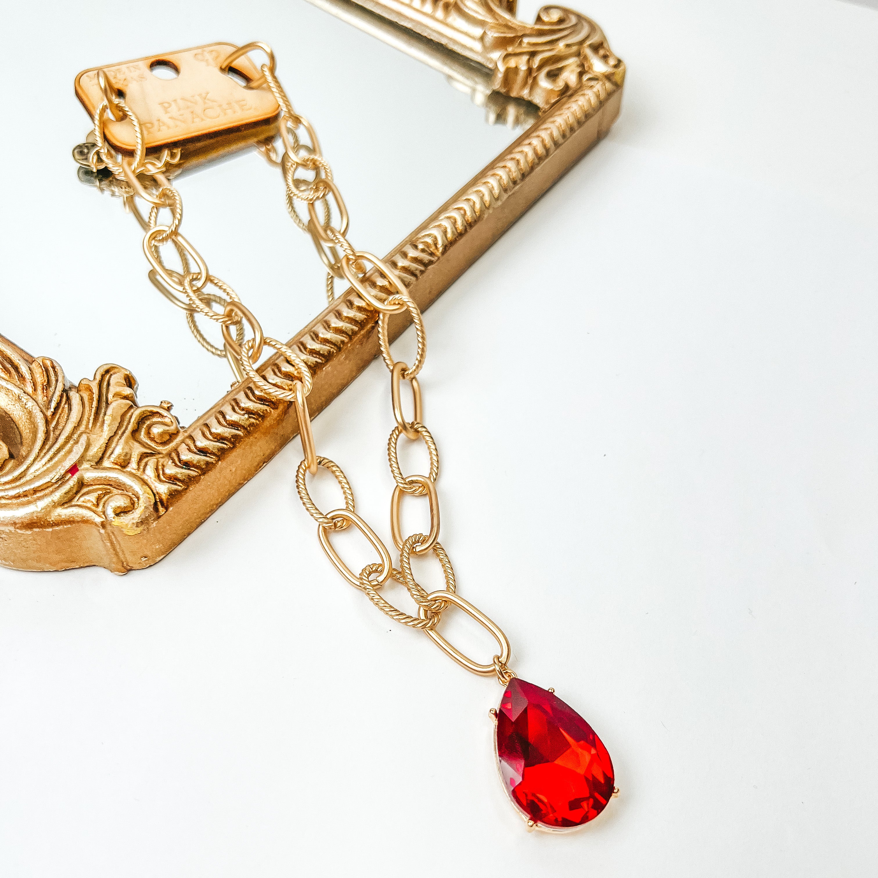 Pink Panache | Gold Tone Large Link Chain Necklace with Large Red Crystal Teardrop - Giddy Up Glamour Boutique