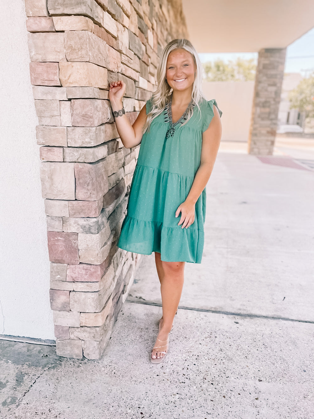 Real Romance Swiss Dot Tiered Dress with Ruffle Cap Sleeves in Olive Green - Giddy Up Glamour Boutique