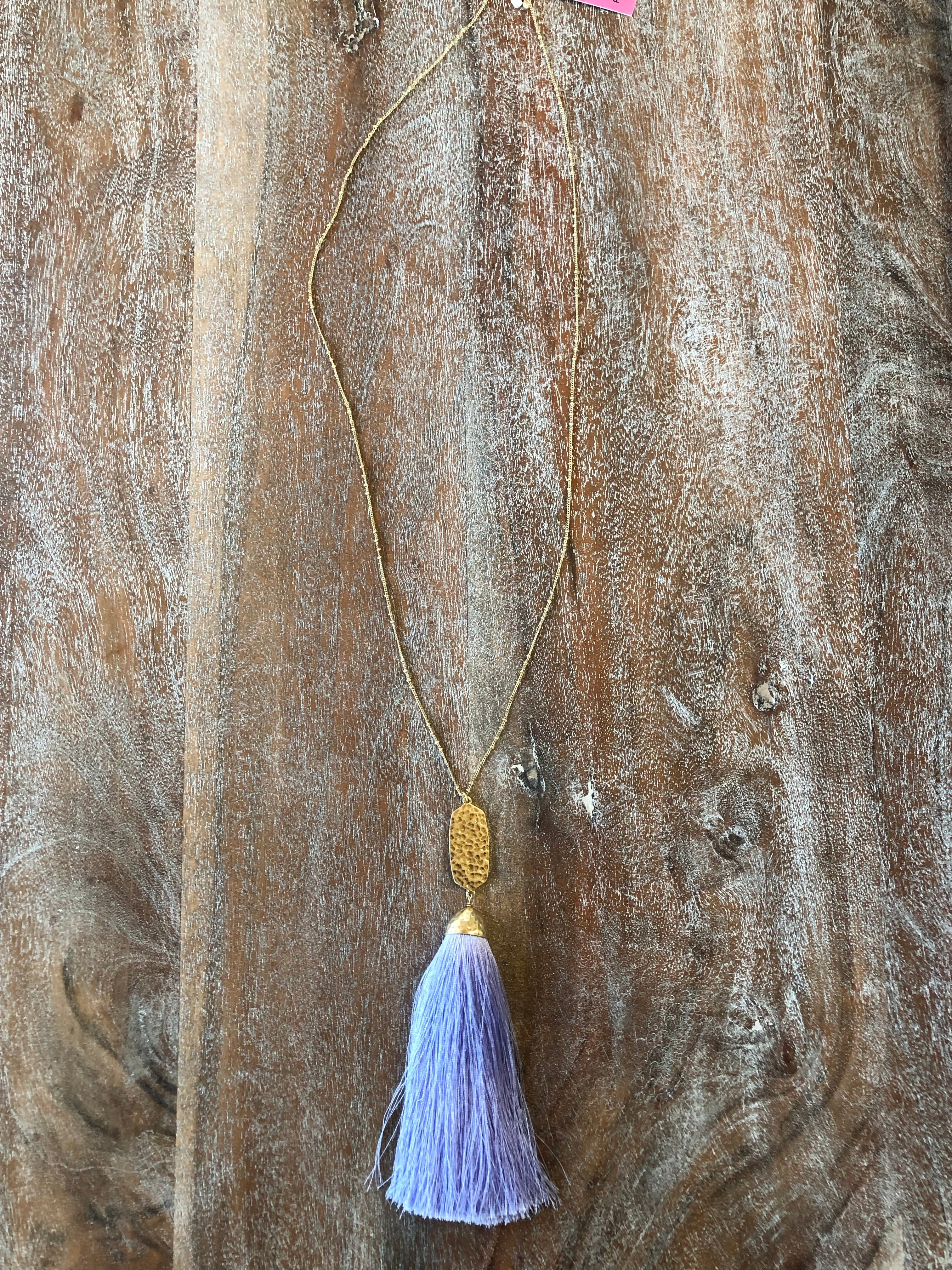Long Gold Necklace with Oval Pendant and Long Tassel in Lavender - Giddy Up Glamour Boutique