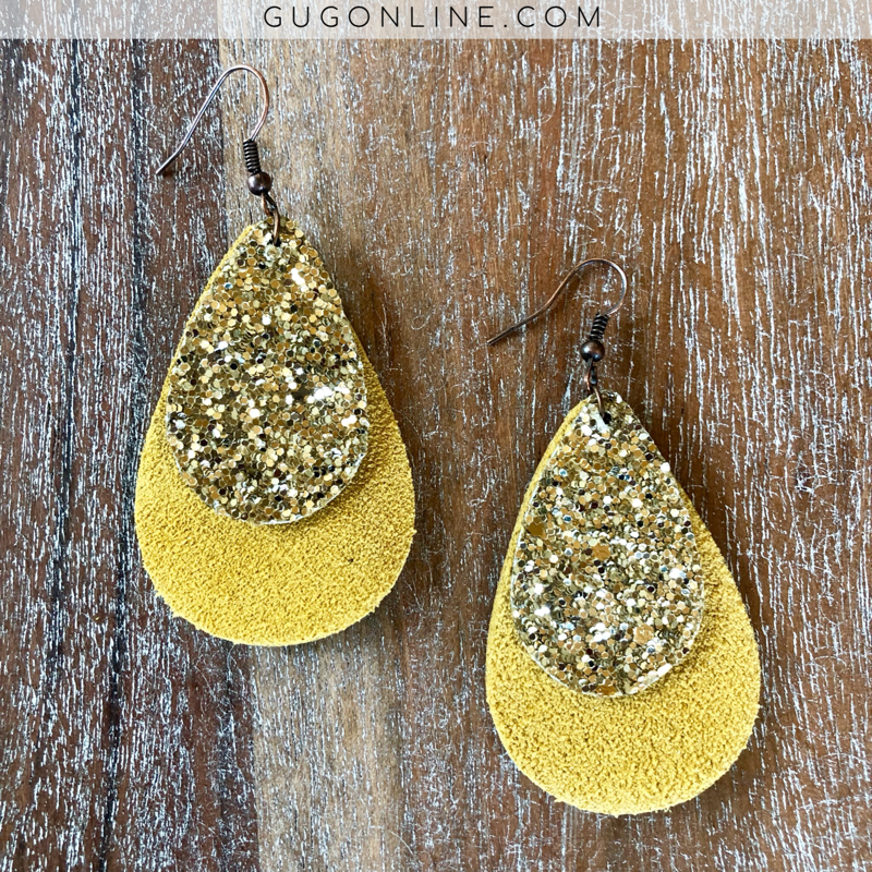 Small Leather Teardrop Earrings with Gold Glitter Accent in Mustard - Giddy Up Glamour Boutique