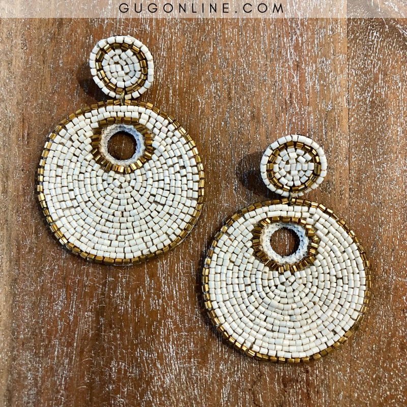 Beaded Round Statement Earrings with Gold Trim in Ivory - Giddy Up Glamour Boutique
