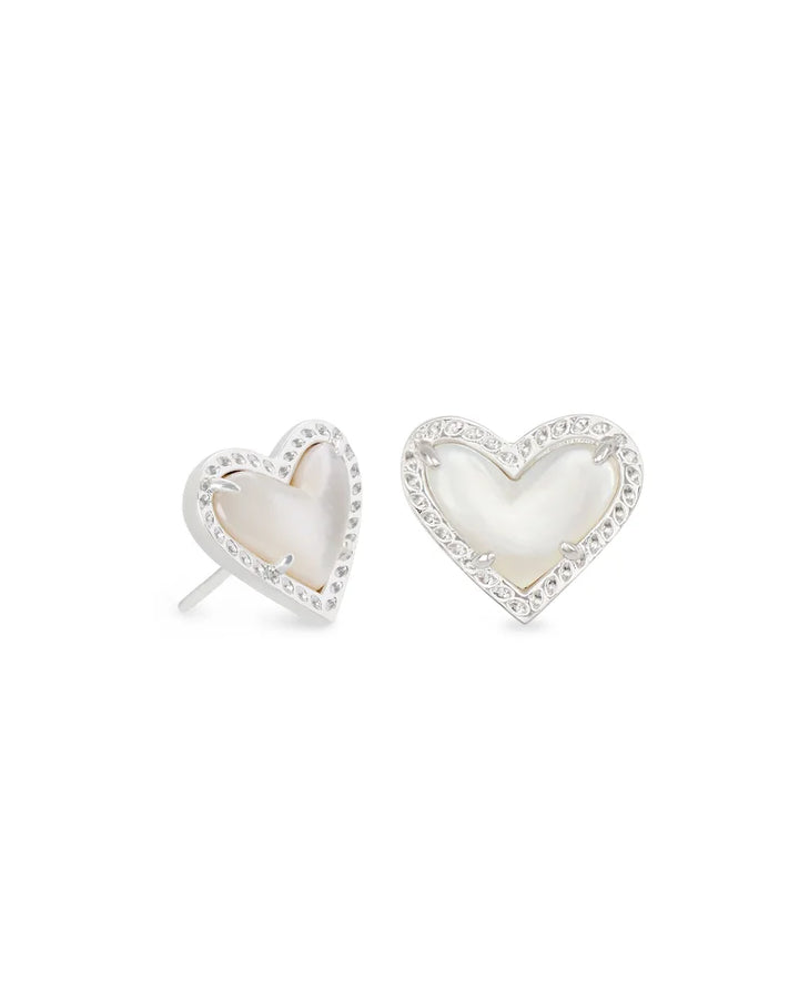 Kendra Scott | Ari Heart Silver Stud Earrings in Ivory Mother of Pearl - Giddy Up Glamour Boutique