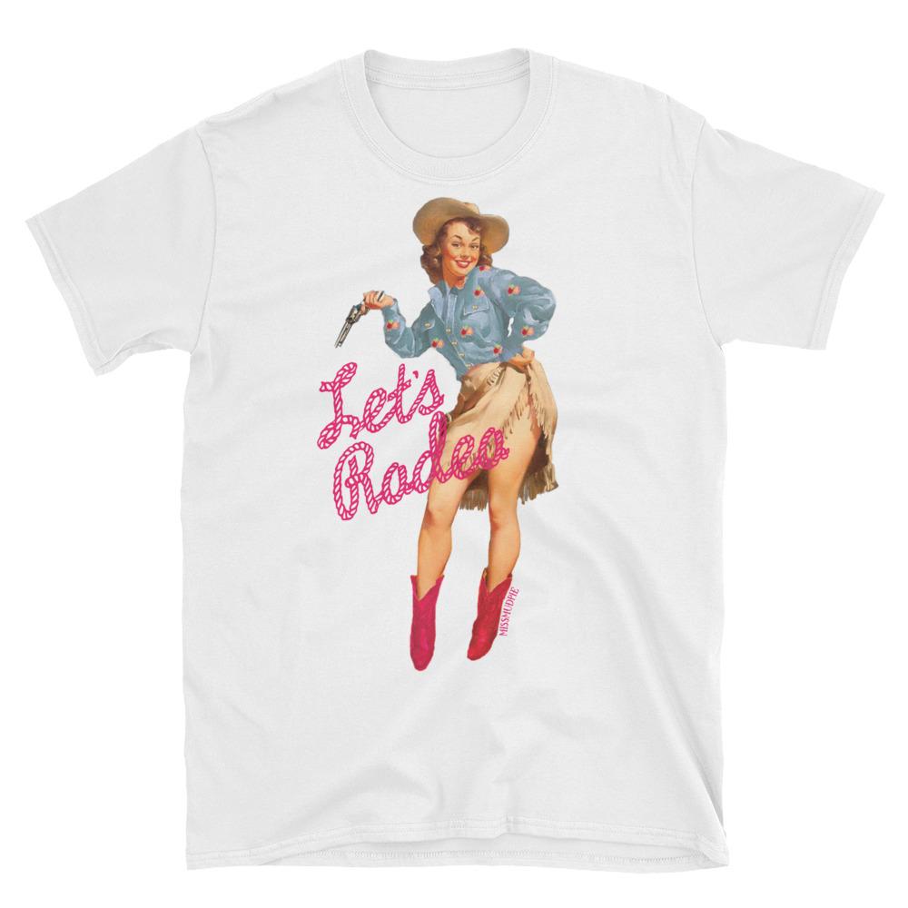 Online Exclusive | Let's Rodeo Vintage Cowgirl Short Sleeve Graphic Tee in White - Giddy Up Glamour Boutique