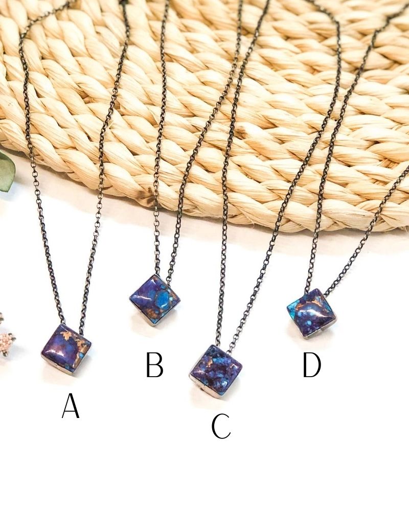 Vernon Kee | Navajo Handmade Sterling Silver Chain Necklace with Mojave Turquoise Square Pendant - Giddy Up Glamour Boutique