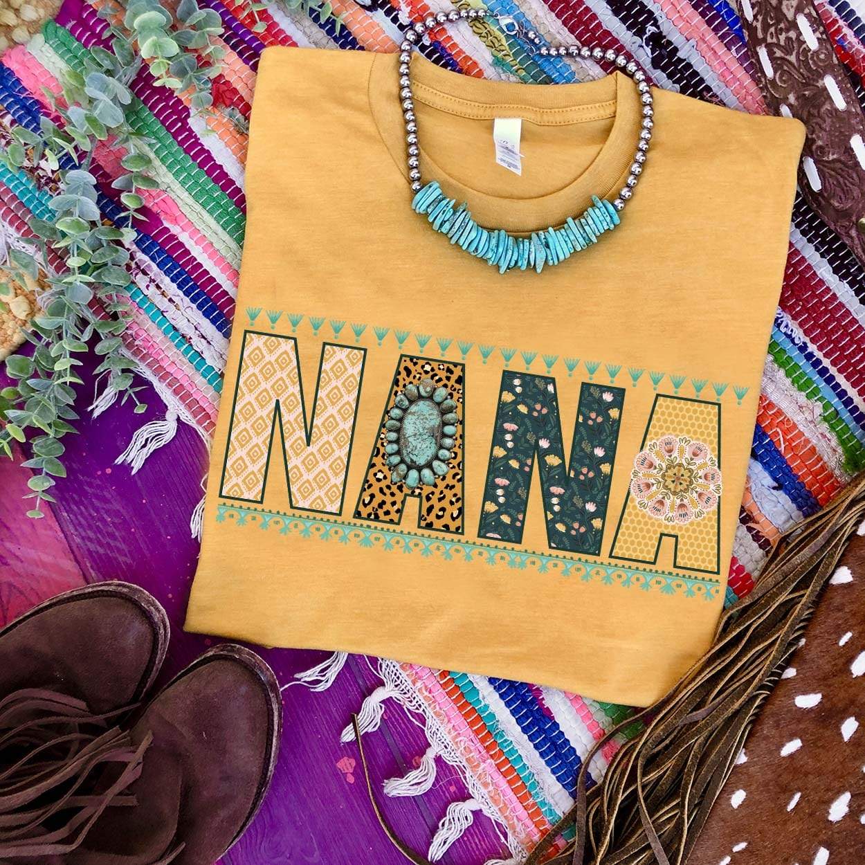 Online Exclusive | Nana Short Sleeve Graphic Tee in Mustard - Giddy Up Glamour Boutique