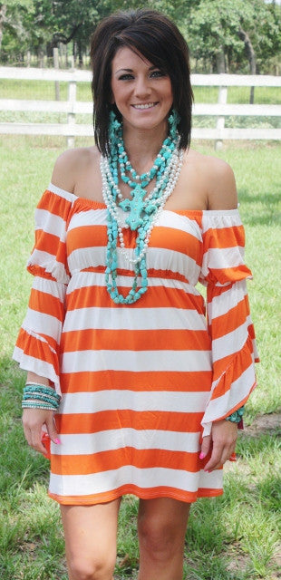 VaVa | Spring Fling Off Shoulder Stripe Dress in Orange - Giddy Up Glamour Boutique