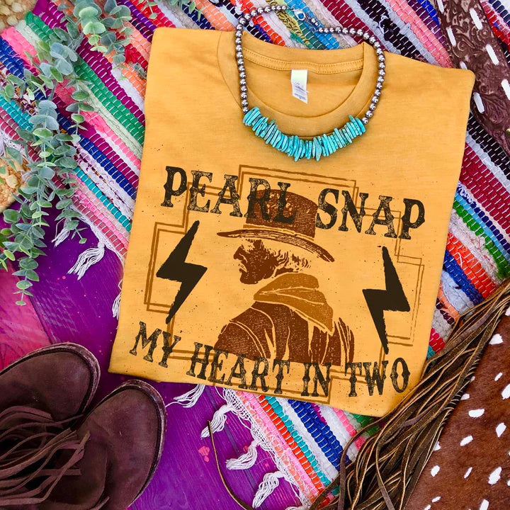 Online Exclusive | Pearl Snap My Heart In Two Short Sleeve Graphic Tee in Mustard - Giddy Up Glamour Boutique