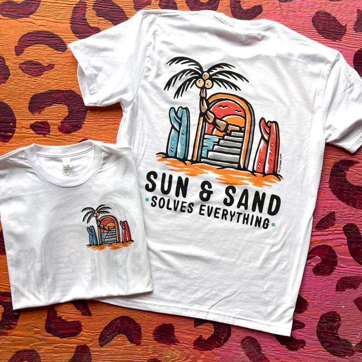 Online Exclusive | Sun & Sand Solves Everything Graphic Tee in White - Giddy Up Glamour Boutique