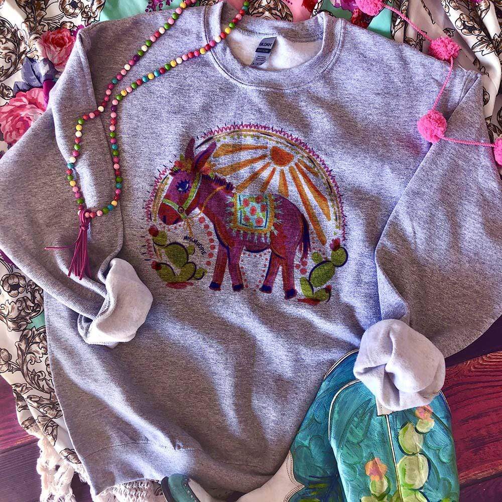 Online Exclusive | Desert Sunset Long Sleeve Donkey Graphic Sweatshirt in Gray - Giddy Up Glamour Boutique