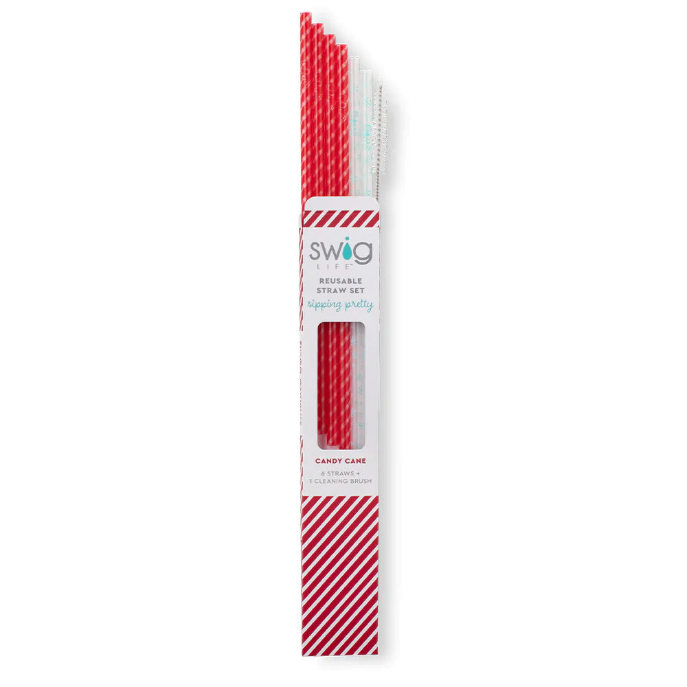This is a pack of six straws with one cleaning brush, there are four red and  white straws, and 2 with white snowflakes. These items are taken on a white  background.