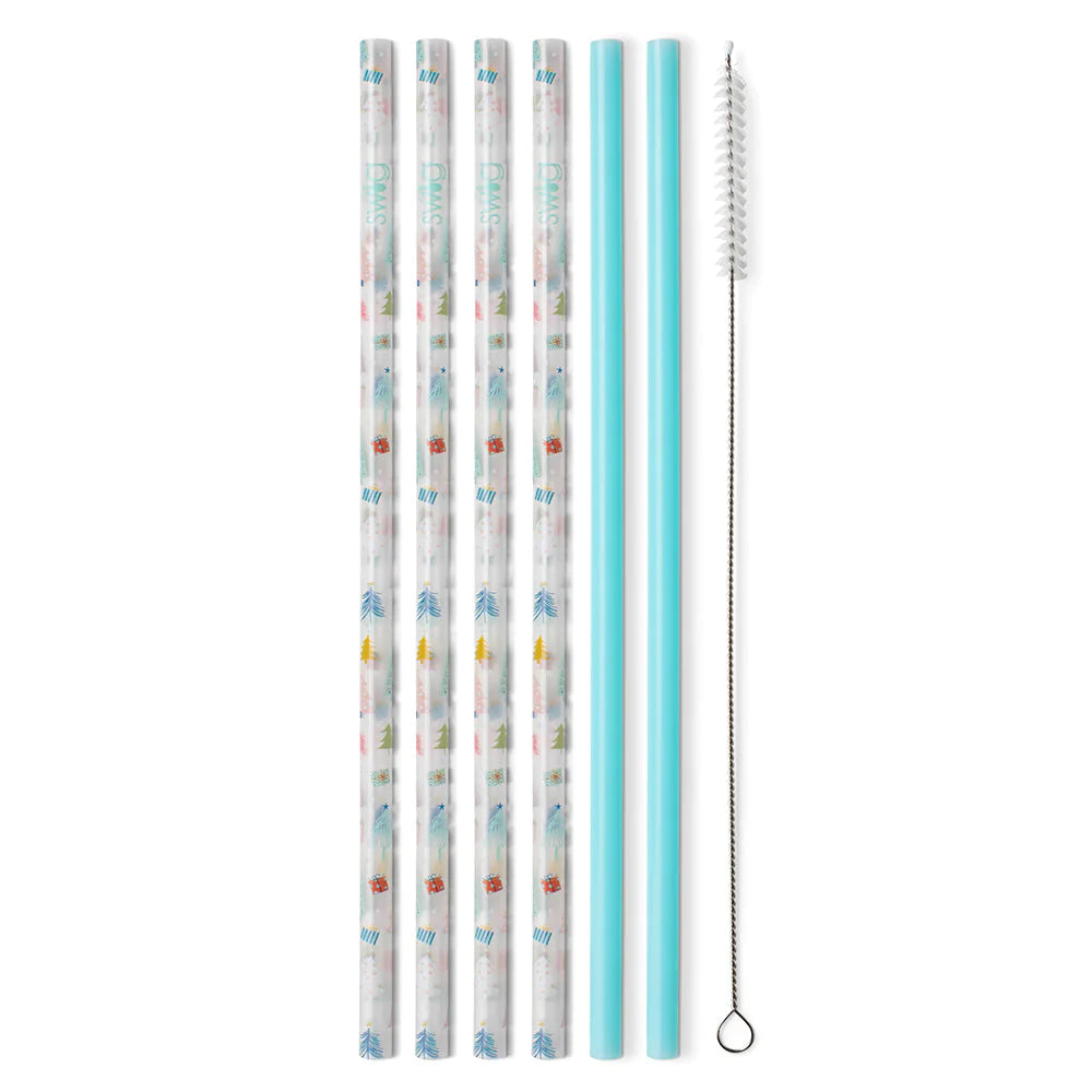 This is a pack of six straws with one cleaning brush, there are four multicolored  christmas tree print straws, and 2 turquoise. These items are taken on a white  background.