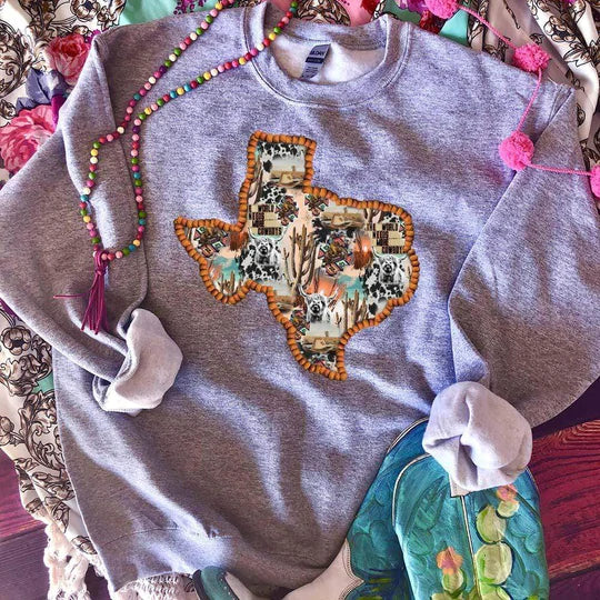 Online Exclusive | Texas Long Sleeve Collage Graphic Sweatshirt in Gray - Giddy Up Glamour Boutique
