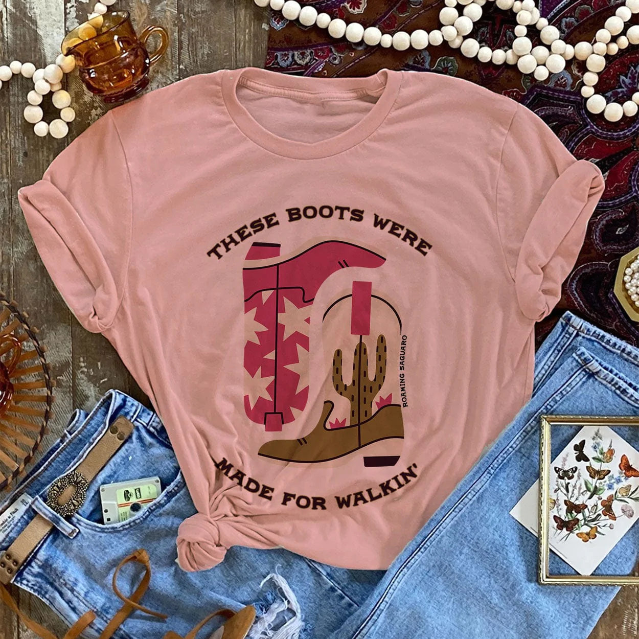 Online Exclusive | These Boots Were Made For Walking Short Sleeve Graphic Tee in Desert Rose - Giddy Up Glamour Boutique