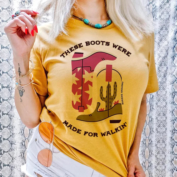 Online Exclusive | These Boots Were Made For Walking Short Sleeve Graphic Tee in Mustard Yellow - Giddy Up Glamour Boutique