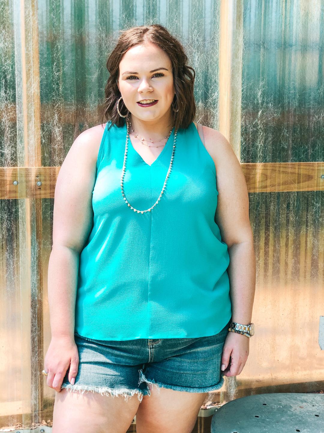 Last Chance Size Small & Medium | A Graceful Way V-Neck Tank Top with Ribbon in Turquoise - Giddy Up Glamour Boutique